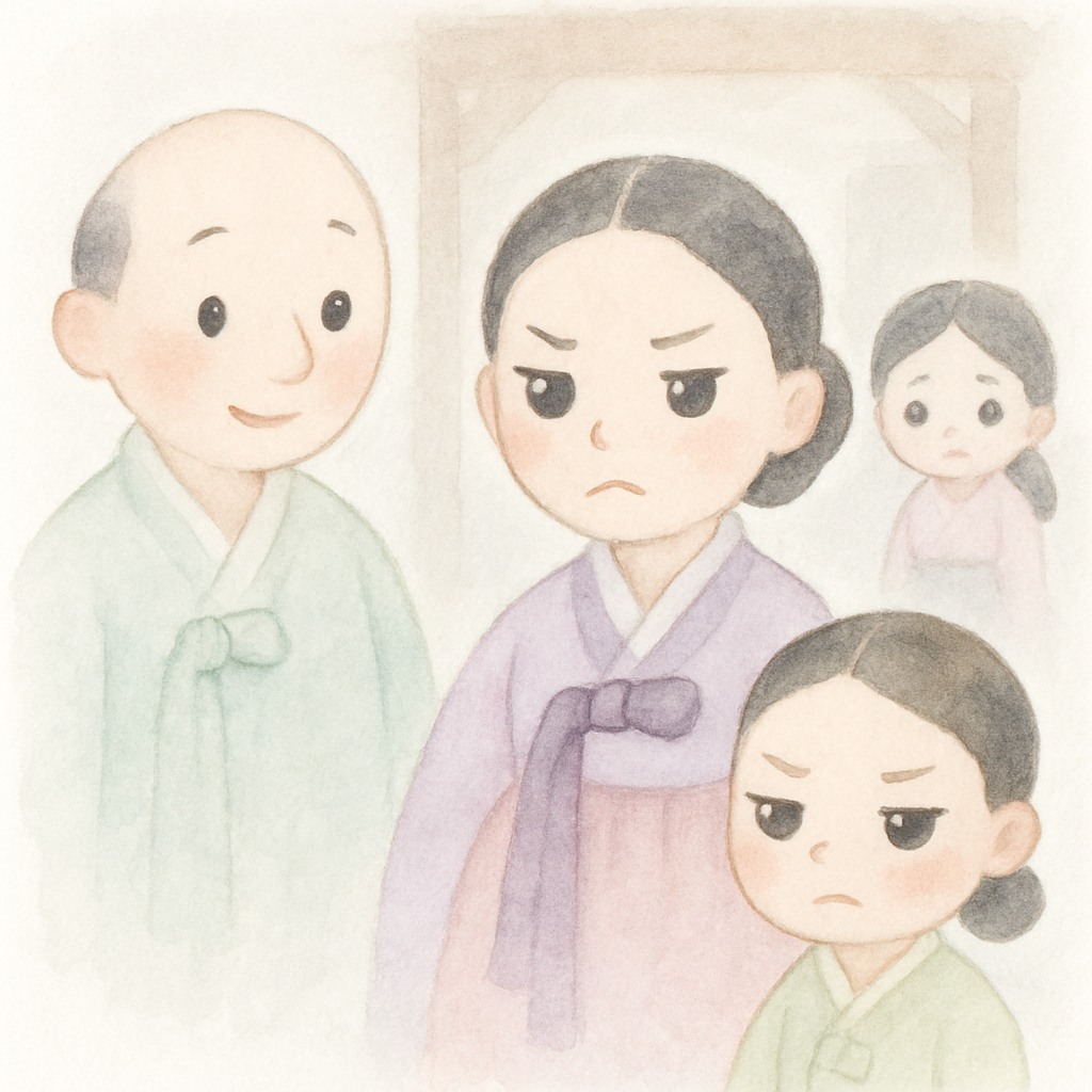 새 엄마와 팥쥐가 함께 들어오는 모습